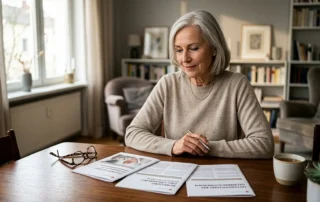 Ältere Frau informiert sich über Kollagen und ergänzende Möglichkeiten bei Arthrose